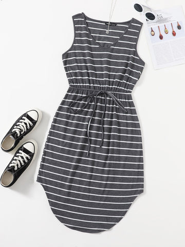 Knot Waist Curved Hem Striped Dress