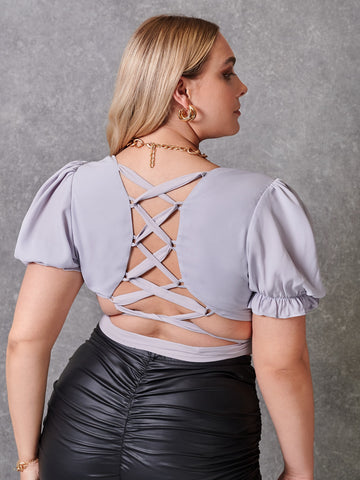 Plus Puff Sleeve Lace Up Back Top