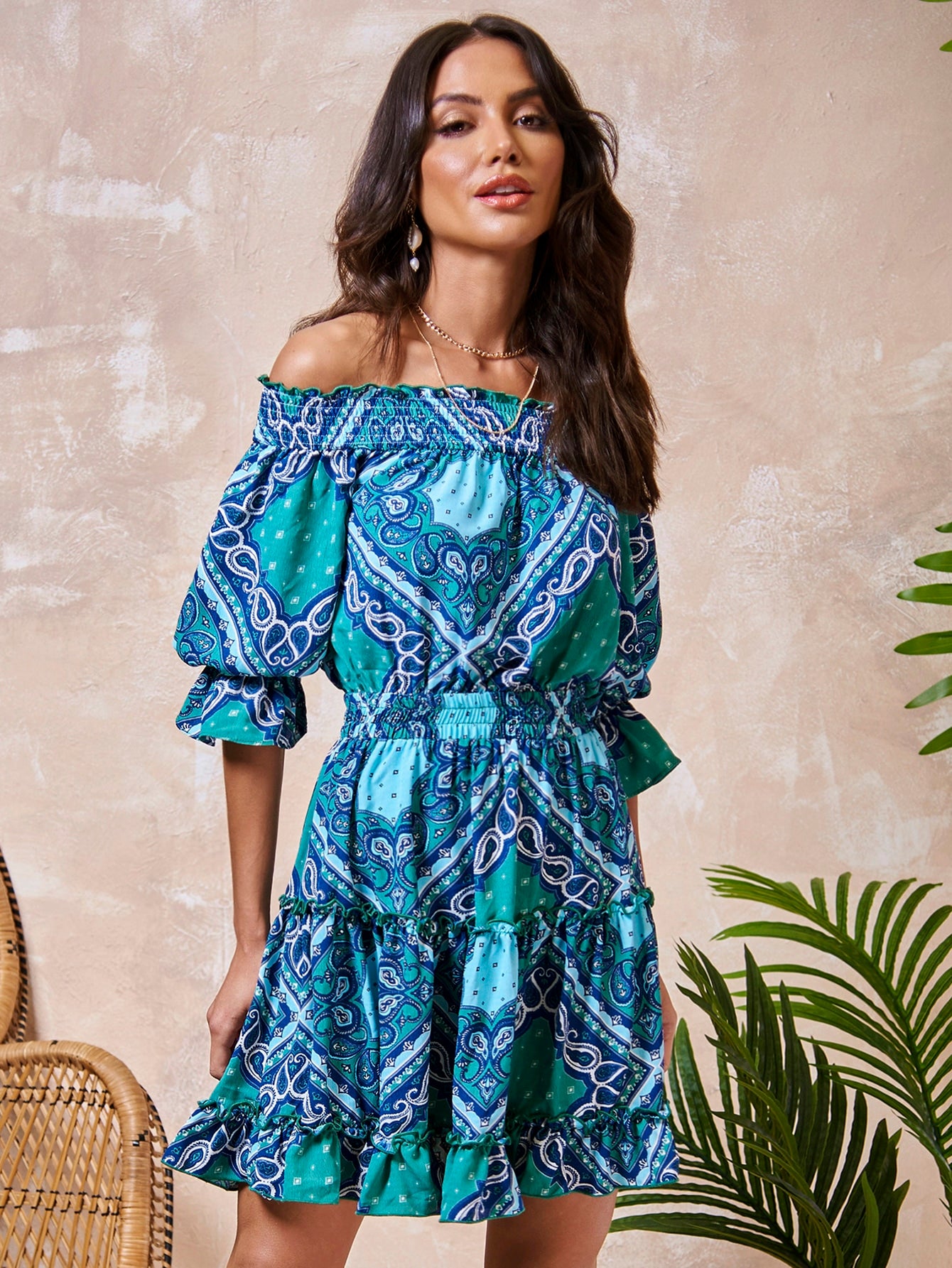 Off Shoulder Puff Sleeve Paisley Print Dress