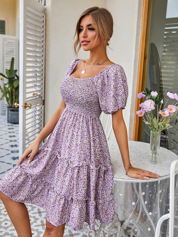 Ditsy Floral Shirred Frill Milkmaid Dress