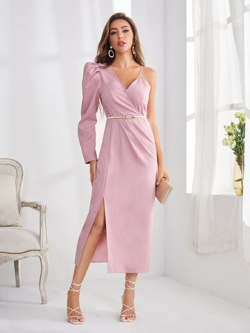 Asymmetrical Shoulder Gigot Sleeve Split Hem Belted Dress Wedding Guest Dress