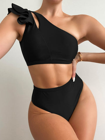 Summer Beach Mono Bikini Set Ruffle Trim One Shoulder Wireless Bra Top & High Waist Bikini Bottom 2 Piece Swimsuit