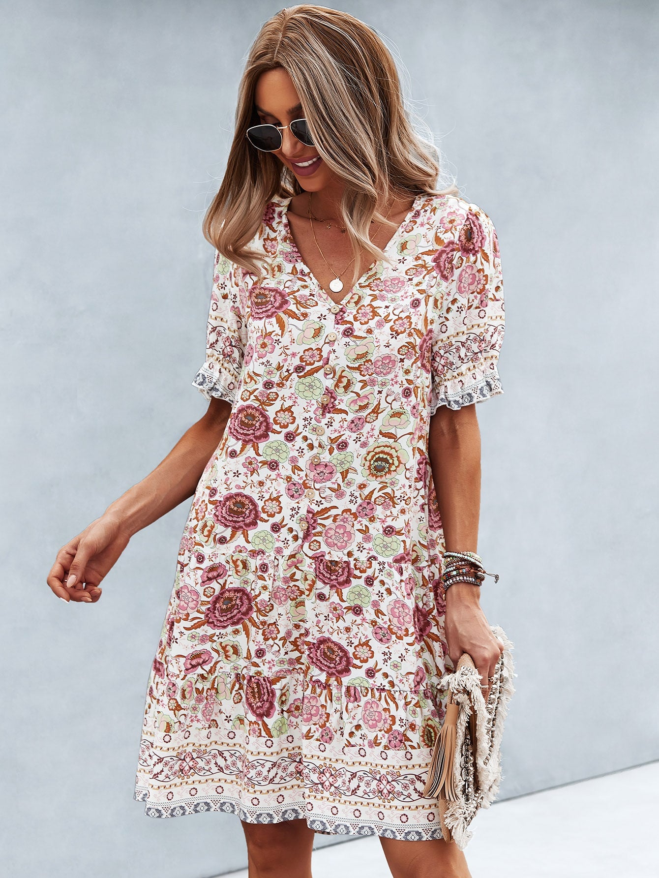 Allover Floral Print Flounce Sleeve Smock Dress