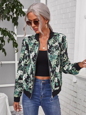 O-ring Zipper Tropical Print Bomber Jacket