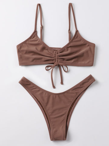 Summer Beach Solid Color Bikini Set Drawstring Wireless Bra Top & High Cut Bikini Bottom 2 Pieces Swimsuit Bathing Suit