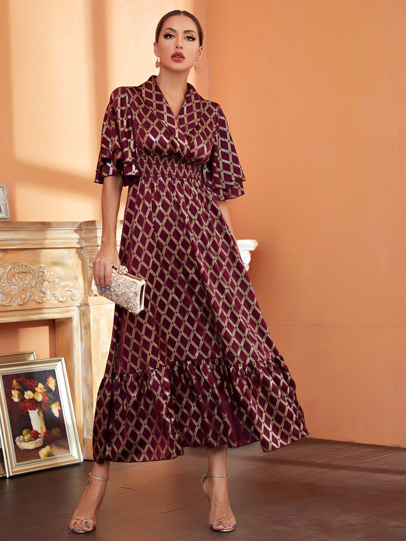 Gold Argyle Print Shawl Collar Shirred Waist A-line Dress