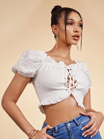 Lace Up Front Frill Trim Schiffy Blouse