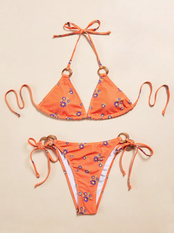 Floral Random Print Ring Linked Bikini