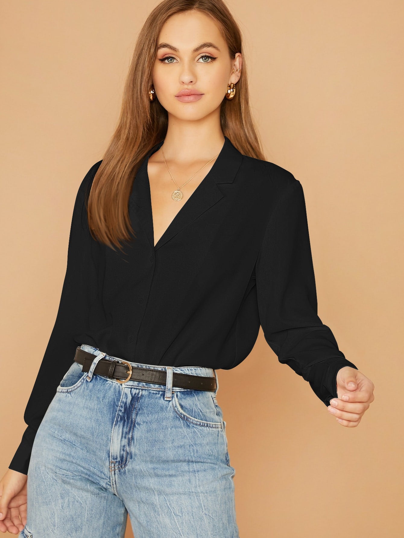 Solid Lapel Collar Button Up Blouse