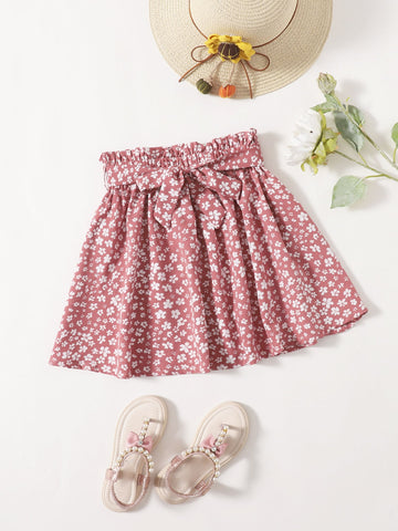 Tween Girl Ditsy Floral Paperbag Waist Belted Skirt