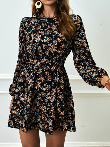 Floral Print Lantern Sleeve Belted Dress