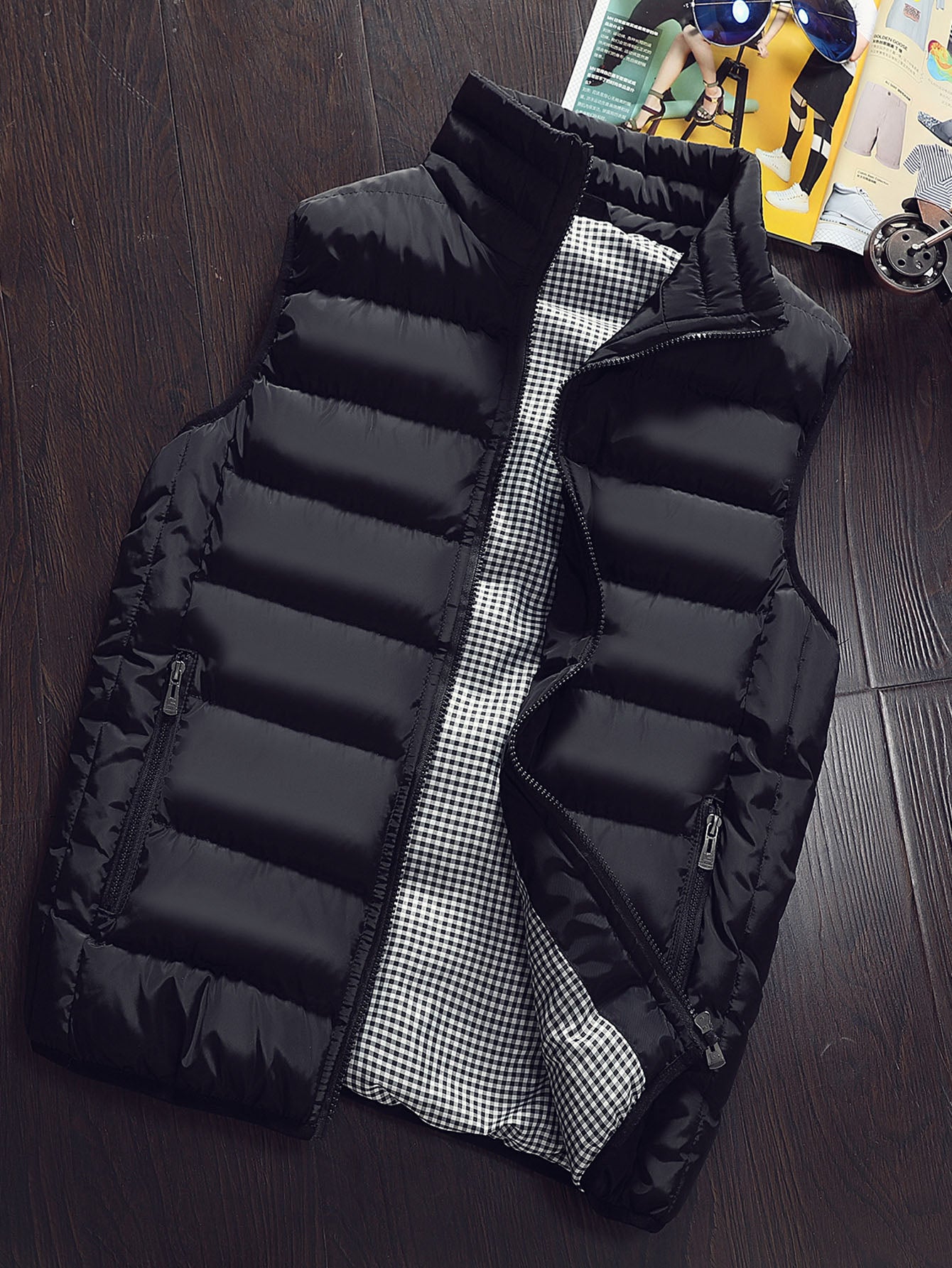 Men Gingham Lined Zip Up Vest Jacket