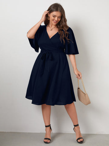 Plus Butterfly Sleeve Self Tie Dress