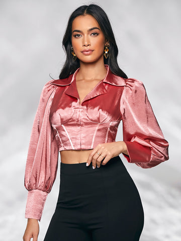 Ruched Lantern Sleeve Crop Top