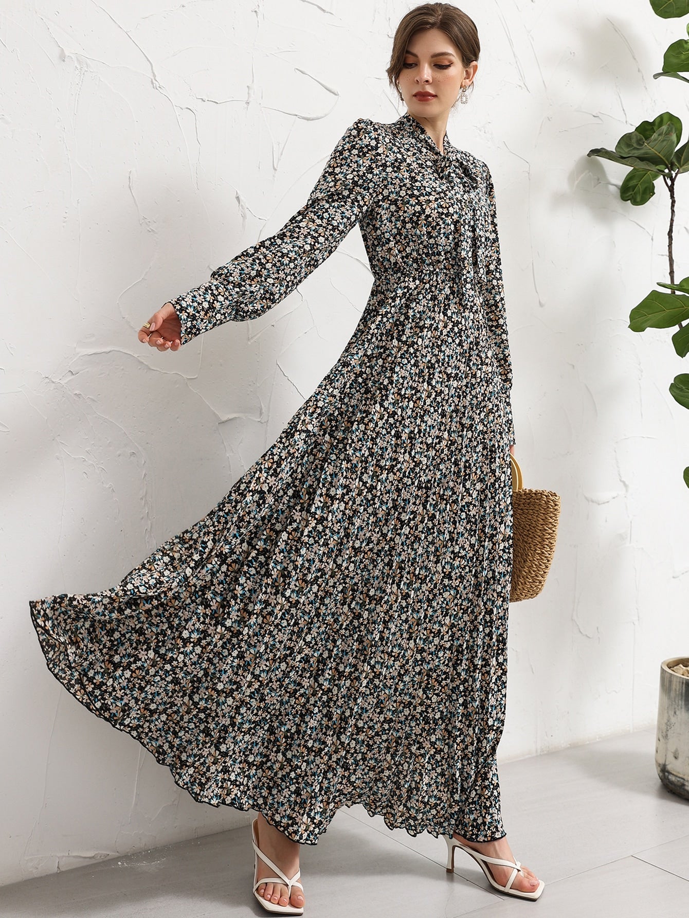 Ditsy Floral Tie Neck Pleated Shirt Dress