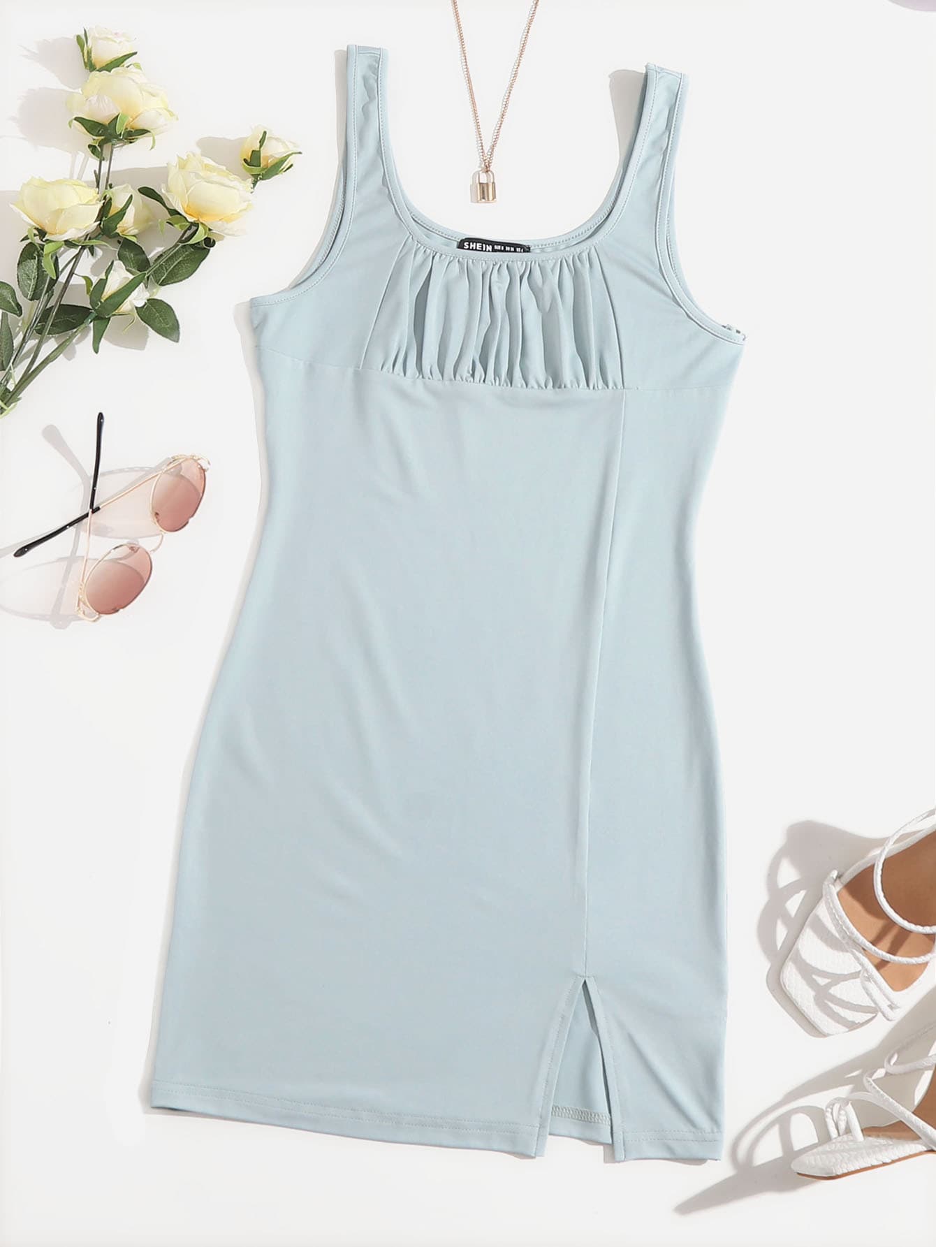 Ruched Bust Split Hem Bodycon Tank Dress