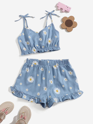 Tween Girl Daisy Print Tie Shoulder Frill Trim Cami Top & Shorts Set