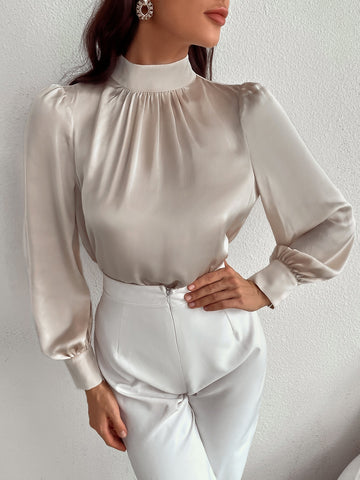 Satin Mock Neck Puff Sleeve Blouse Workwear