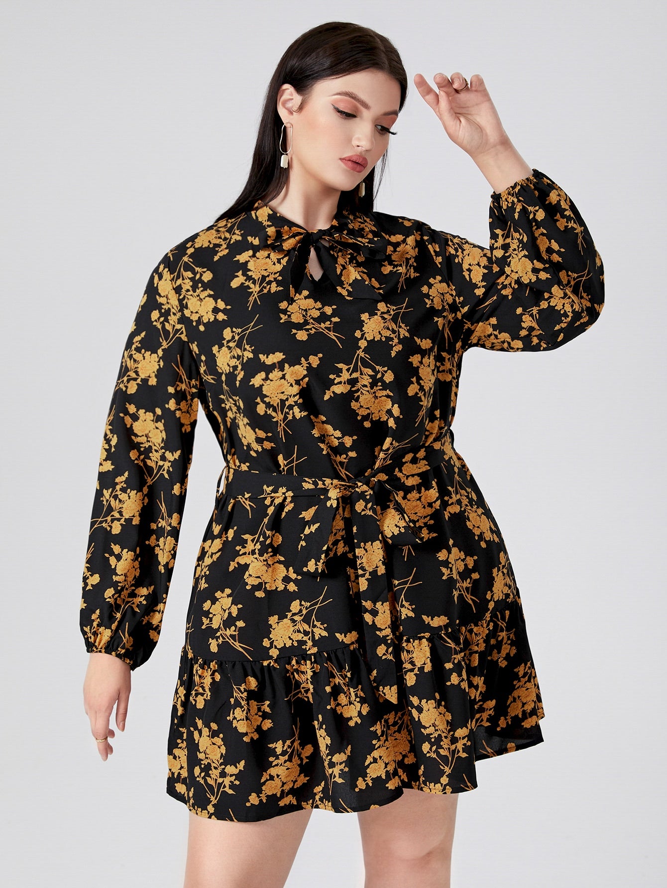 Plus Allover Floral Print Tie Neck Belted Dress