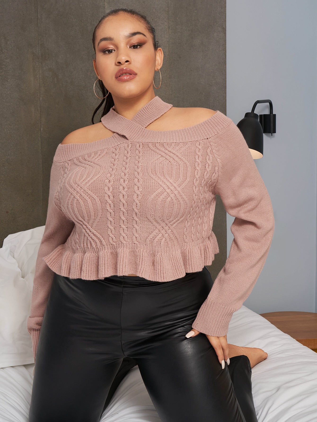 Plus Cold Shoulder Ruffle Hem Sweater