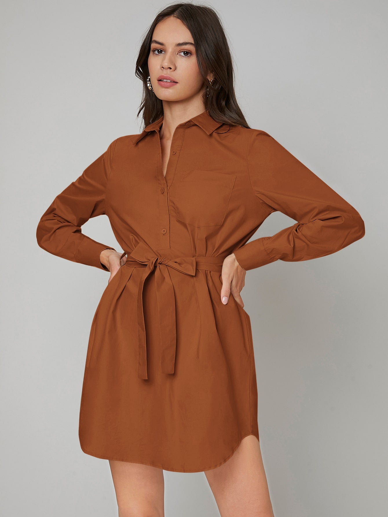 Patch Pocket Button Front Belted Dress