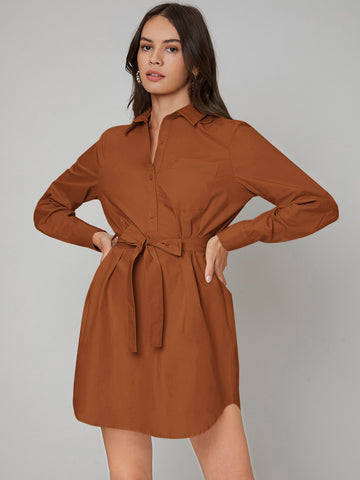 Patch Pocket Button Front Belted Dress