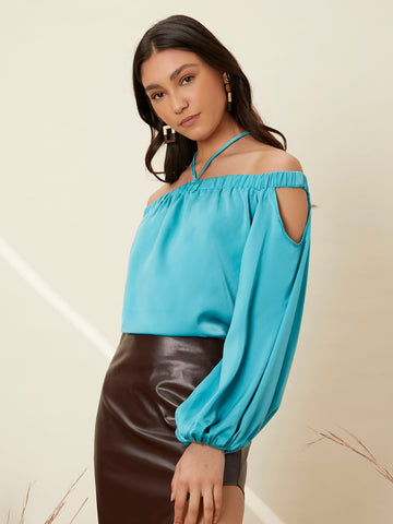 Lantern Sleeve Off Shoulder Halter Top