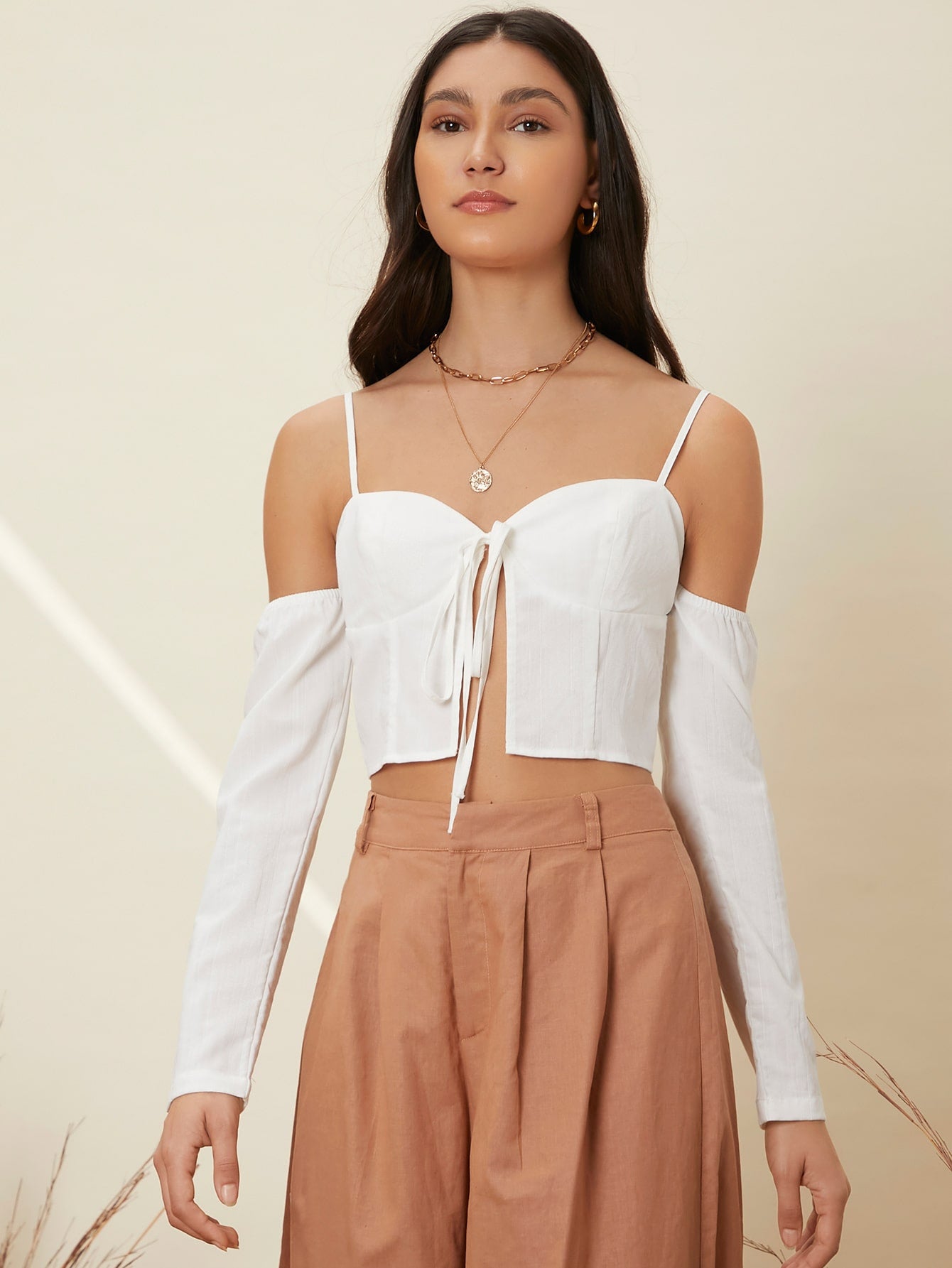 Cold Shoulder Tie Front Crop Top