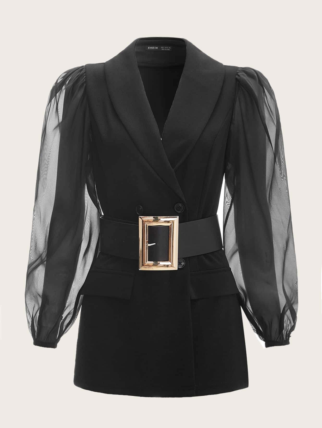 Mesh Panel Belted Flap Detail Blazer