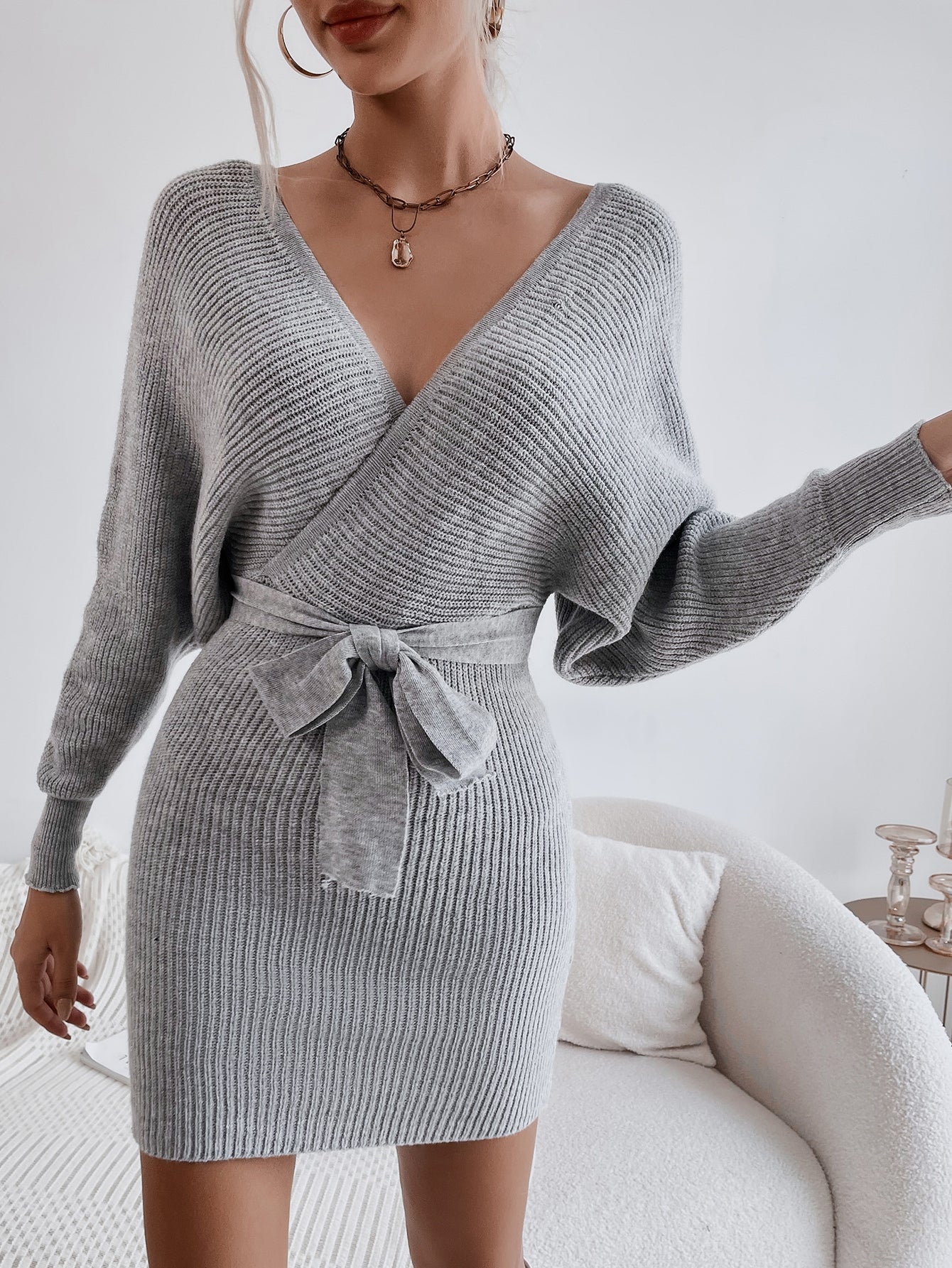 Wrap Batwing Sleeve Belted Cut Out Backless Sweater Dress