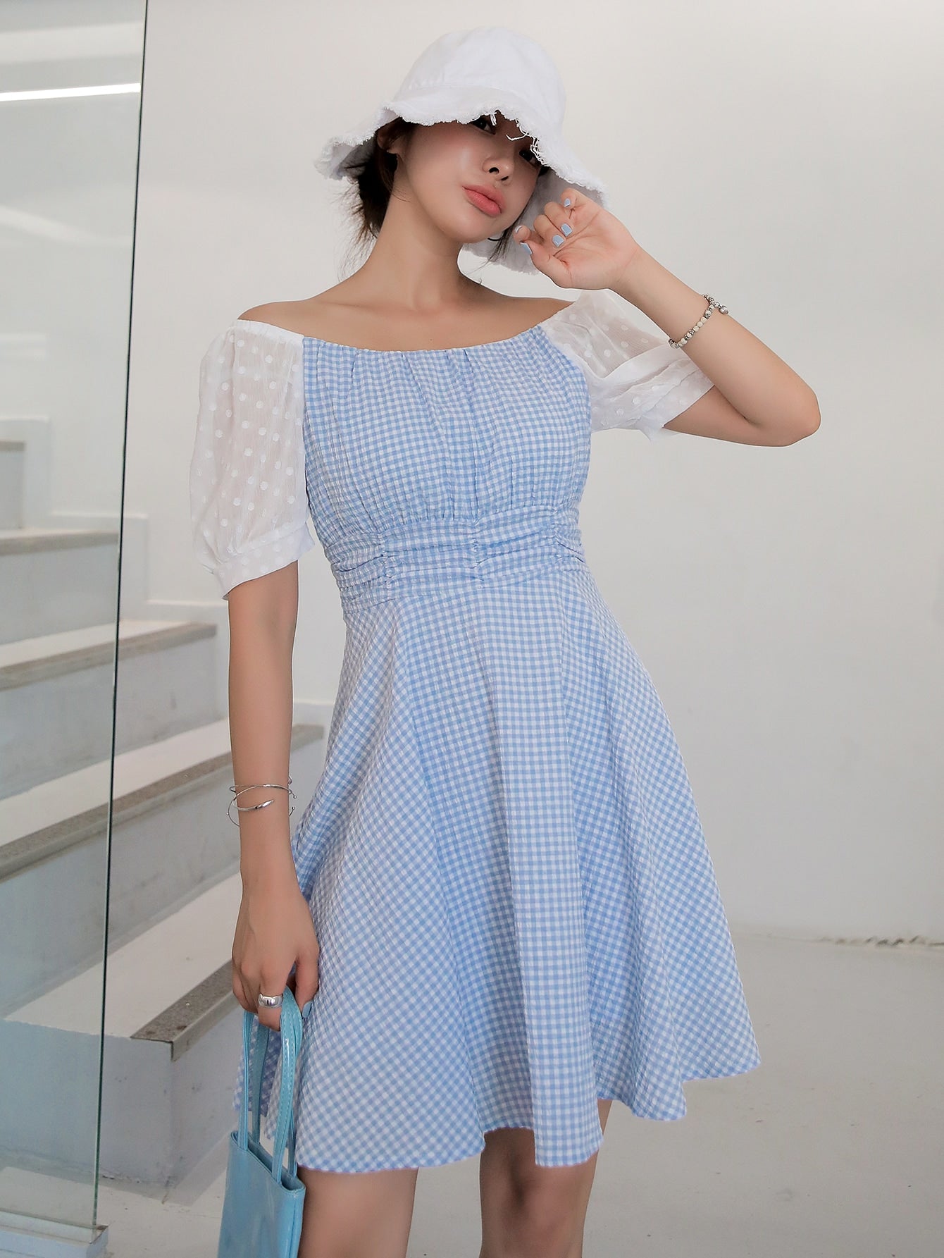 Gingham Print Dobby Mesh Panel Dress