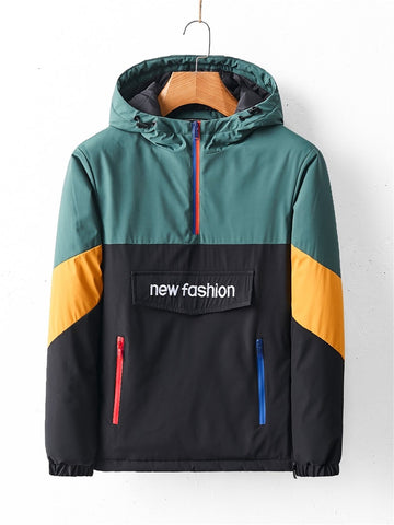 Men Color Block Letter Embroidery Half Zipper Hooded Jacket