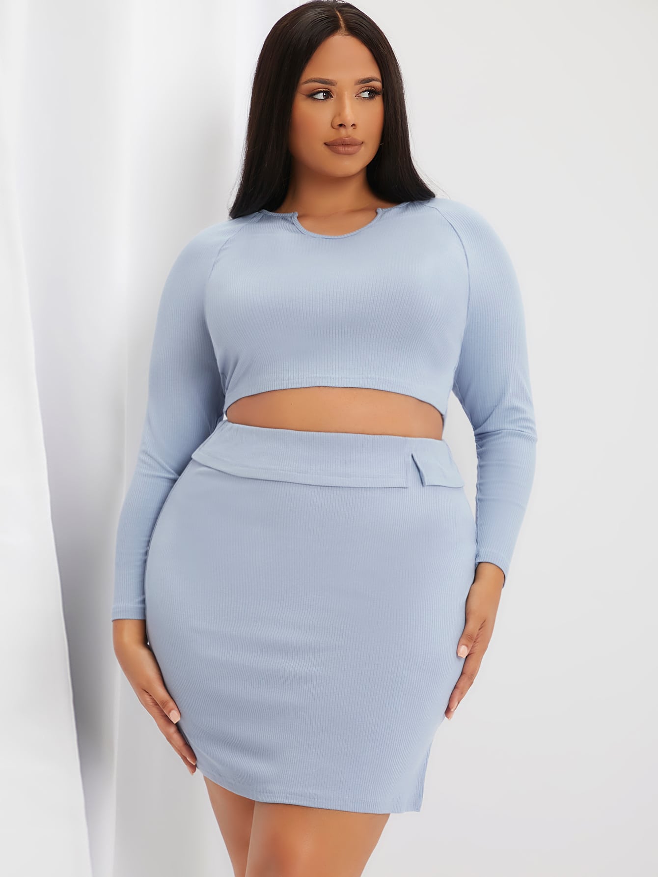 Plus Notched Neck Ribbed Knit Raglan Sleeve Crop Top & Skirt