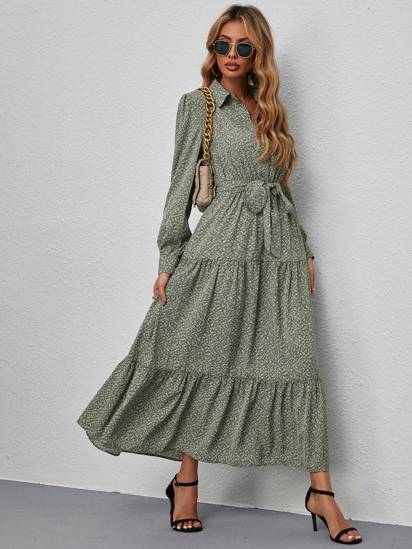 Leaf Print Lantern Sleeve Ruffle Hem Belted Shirt Dress