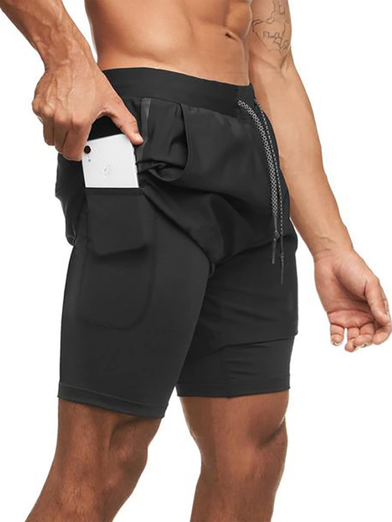 Men 2 In 1 Sports Shorts With Phone Pocket & Towel Loop Gym Shorts