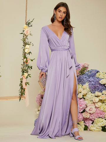 Split Lantern Sleeve Surplice Neck Split Thigh Belted Maxi Bridesmaid Dress