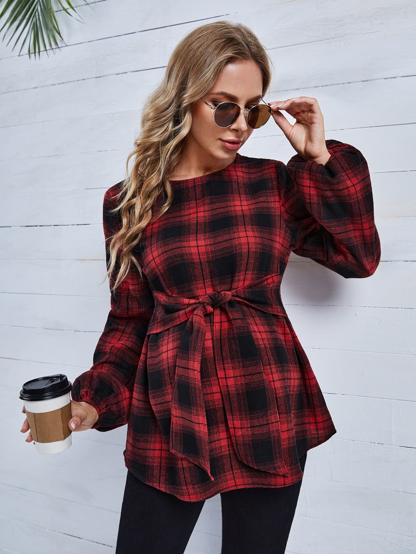 Maternity Tartan Print Knot Front Lantern Sleeve Blouse