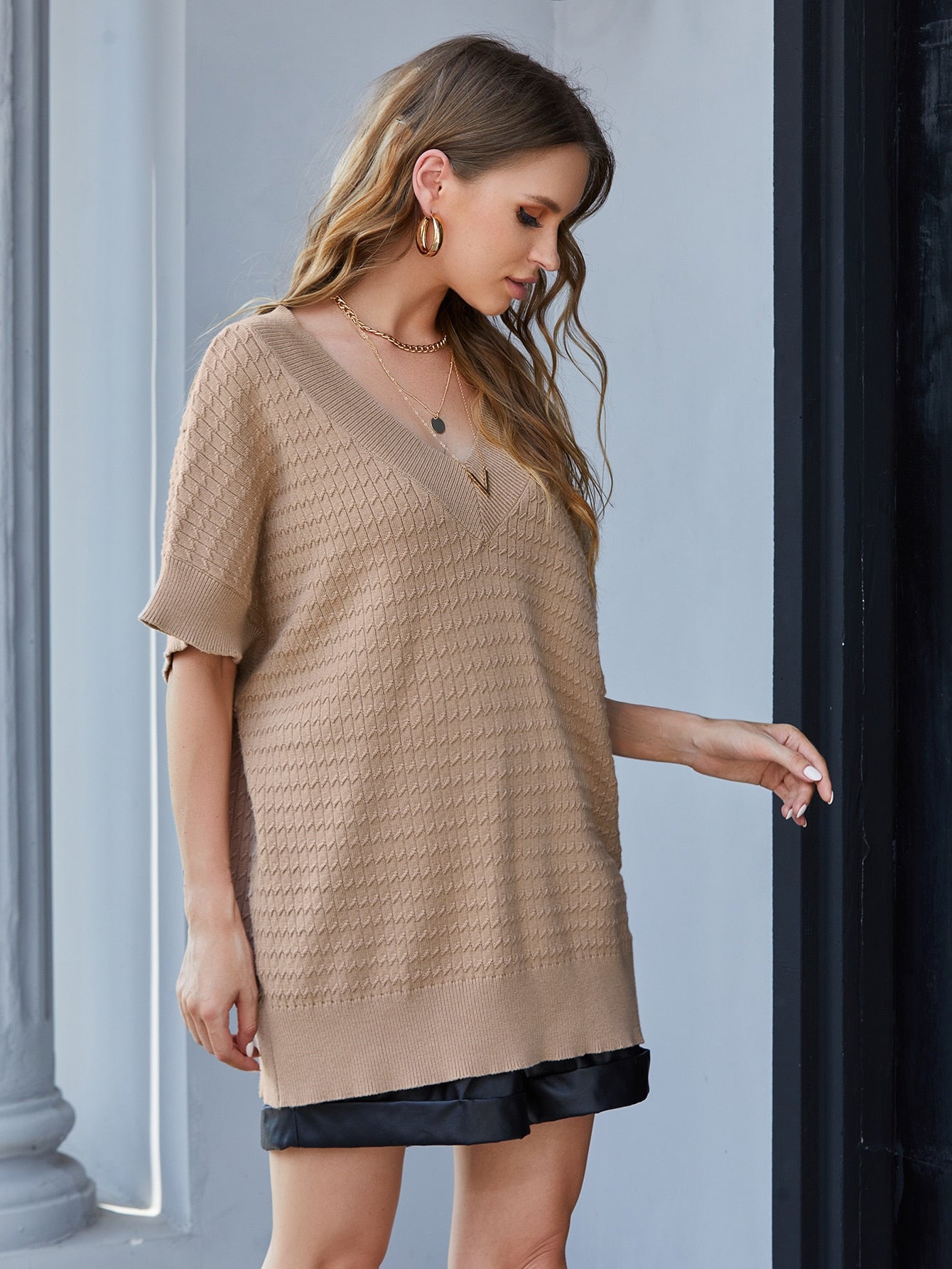 V Neck Textured Dolman Sleeve Knit Top