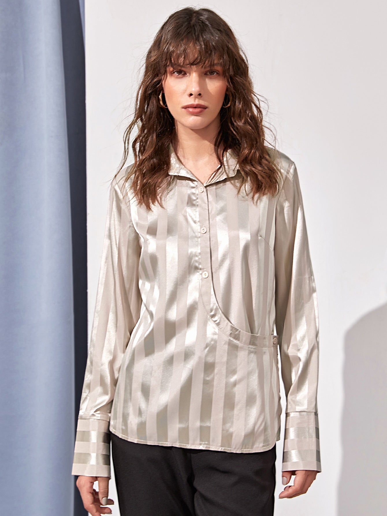 Striped Jacquard Wrap Satin Shirt