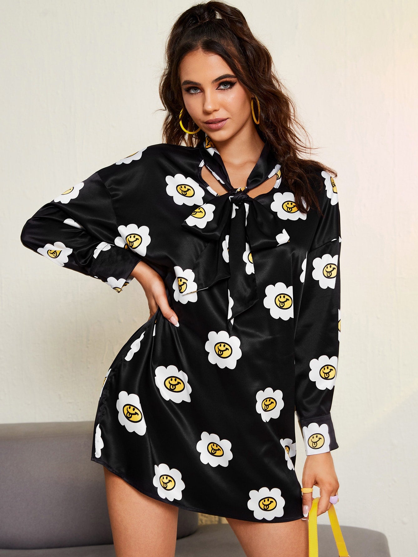 Tie Neck Floral Print Drop Shoulder Tunic Dress