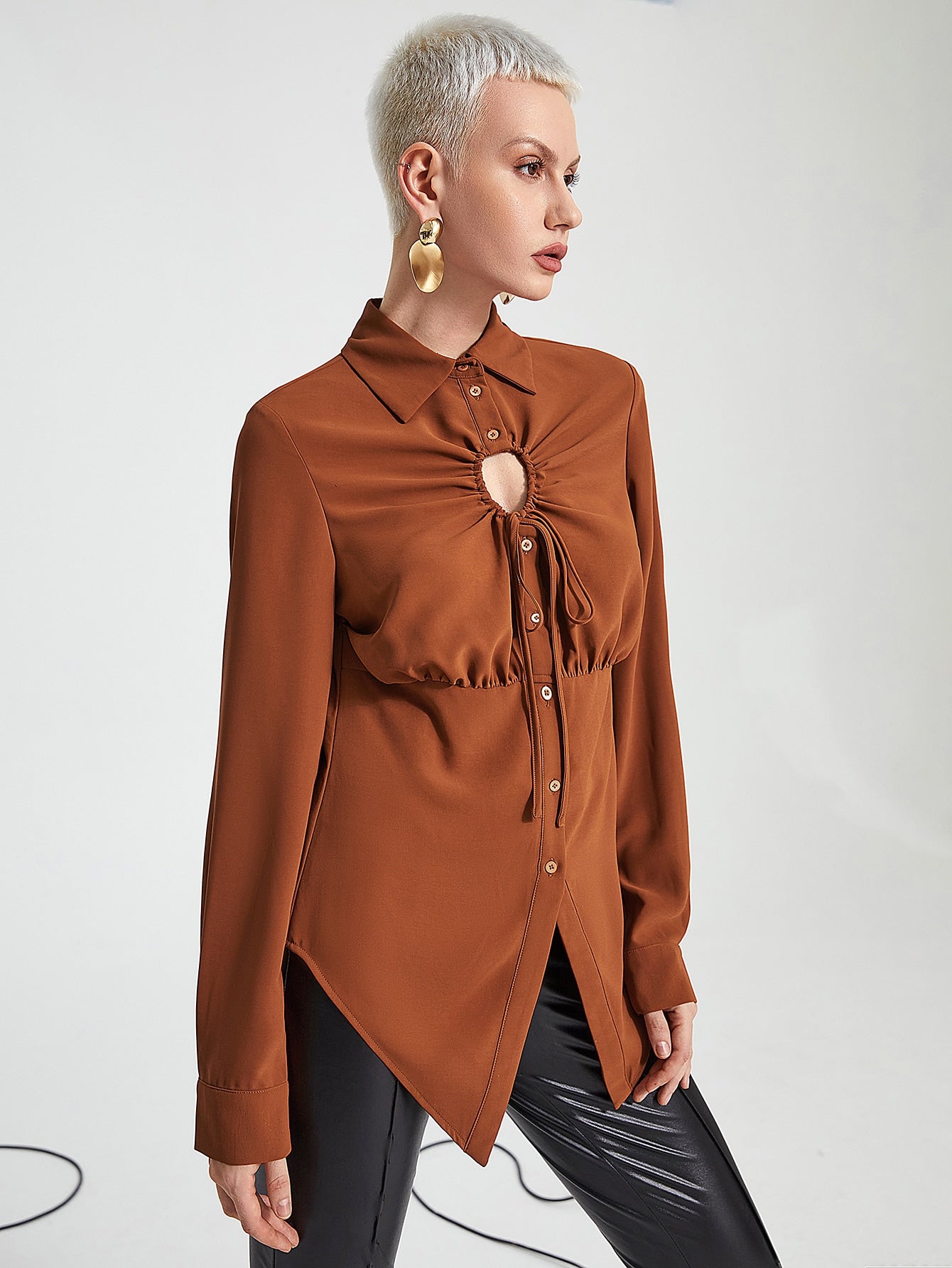 Drawstring Cutout Front Blouse