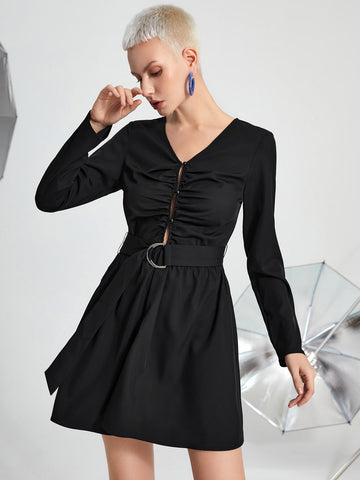 Ruched Single Breasted Belted Dress