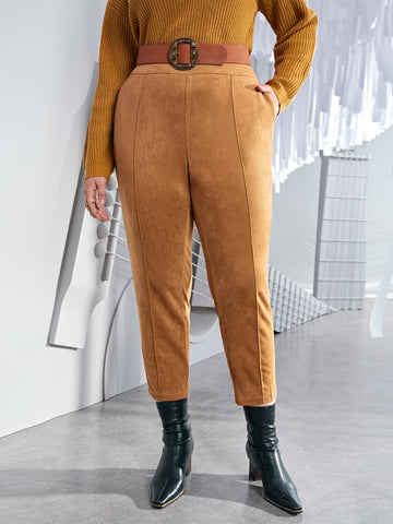 Plus Seam Front High Waist Suedette Pants Without Belt