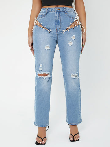 Ripped Lace Up Straight Leg Jeans