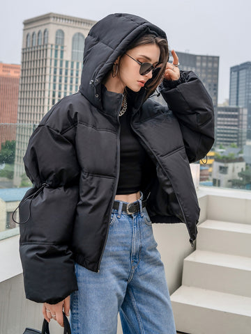 Solid Zip Up Hooded Puffer Coat