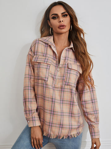 Flap Pocket Drop Shoulder Fringe Trim O-ring Half Zip Plaid Jacket