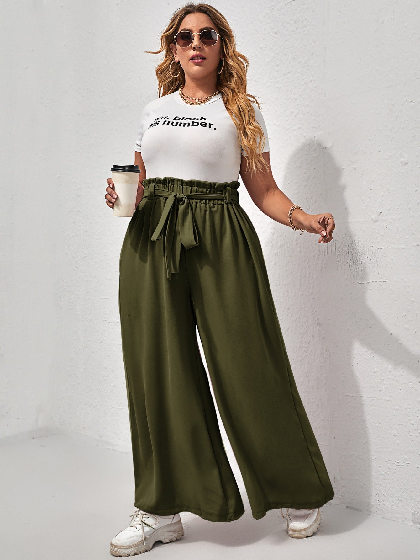 Plus Paperbag Waist Tie Front Wide Leg Pants