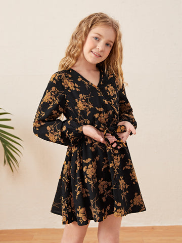 Girls Floral Print Surplice Neck Belted Lantern Sleeve Dress