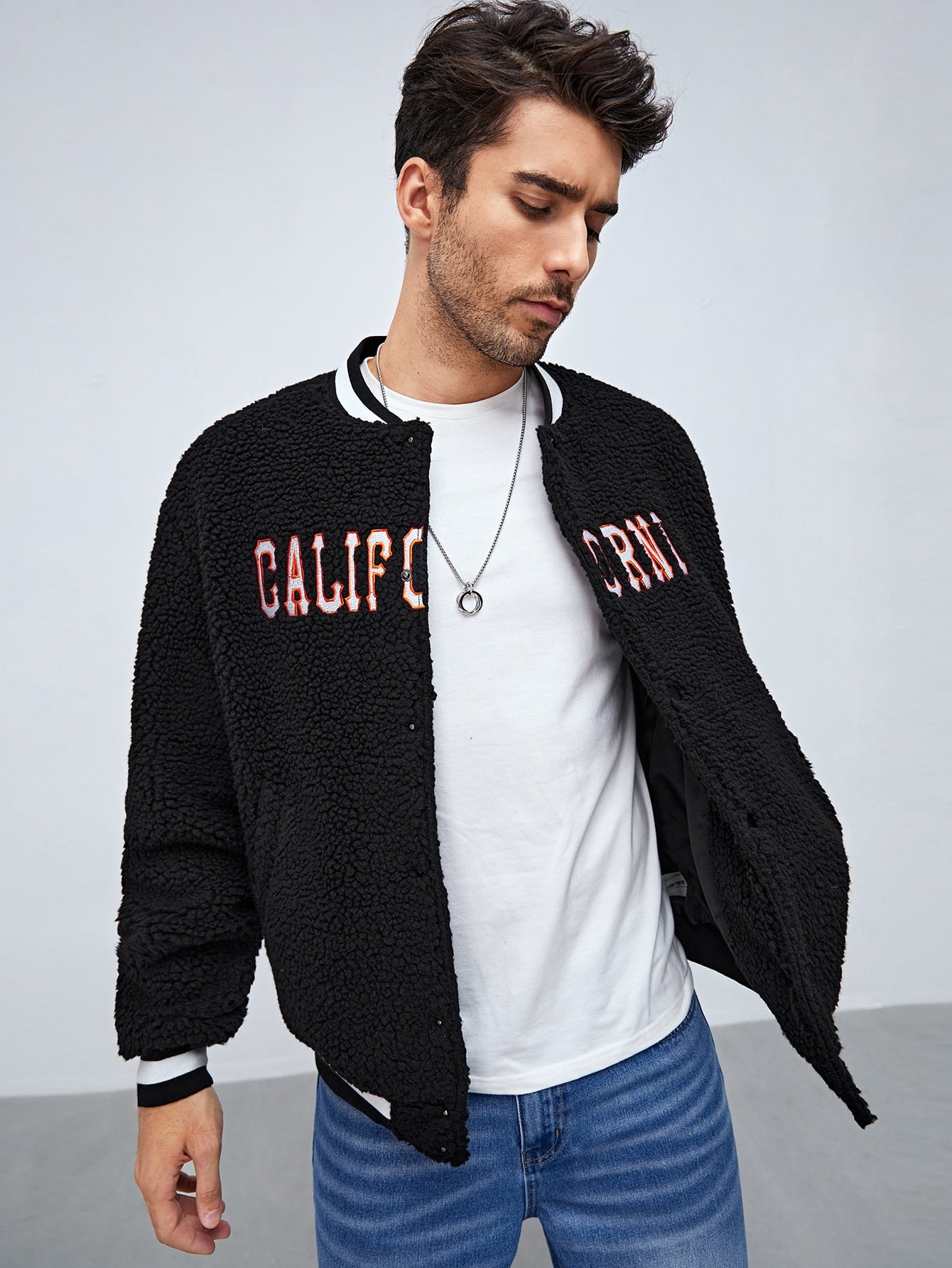 Men Letter Embroidery Teddy Jacket