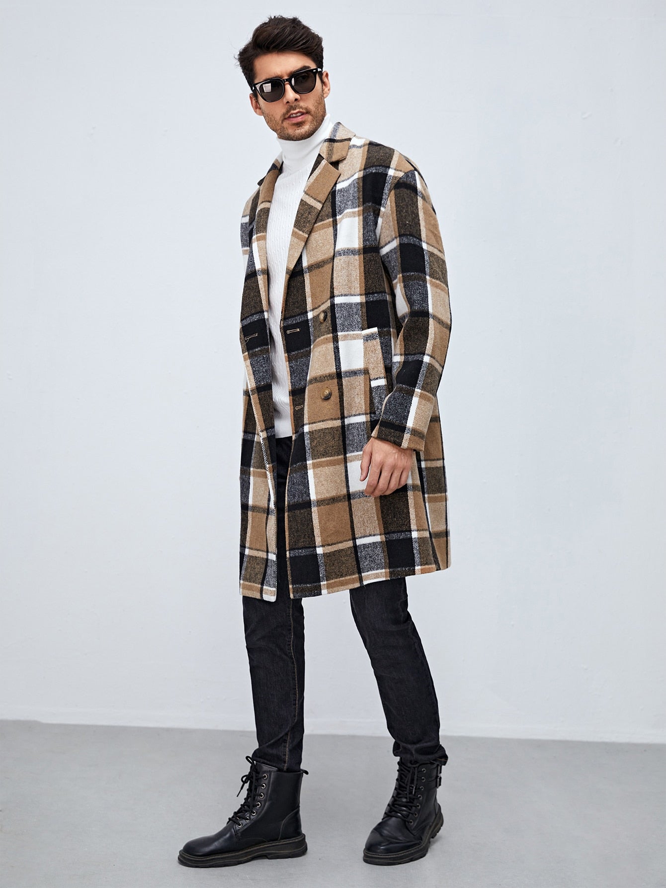 Men Plaid Lapel Neck Double Breasted Oversize Overcoat